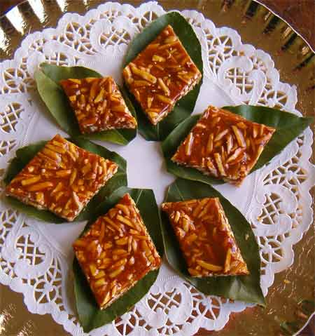  tray of almond brittle on lemon leaves